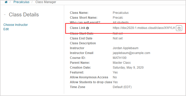 In the Class Manager list of details on the right, Class Link is highlighted.